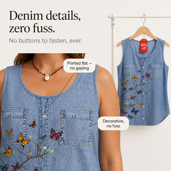 Denimly – Botanical Embroidered Denim-Look Tank Top