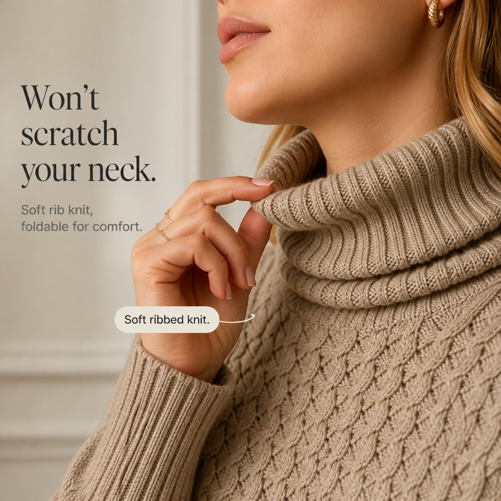 Cablelle – Asymmetric Cable-Knit Turtleneck Poncho