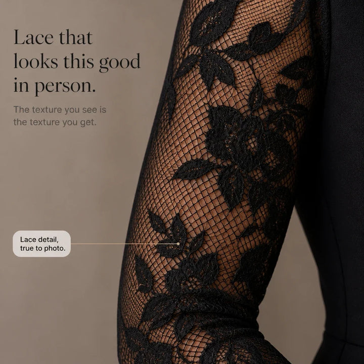 Belleform – Lace-Sleeve Blazer-Wrap Asymmetric Hem Dress