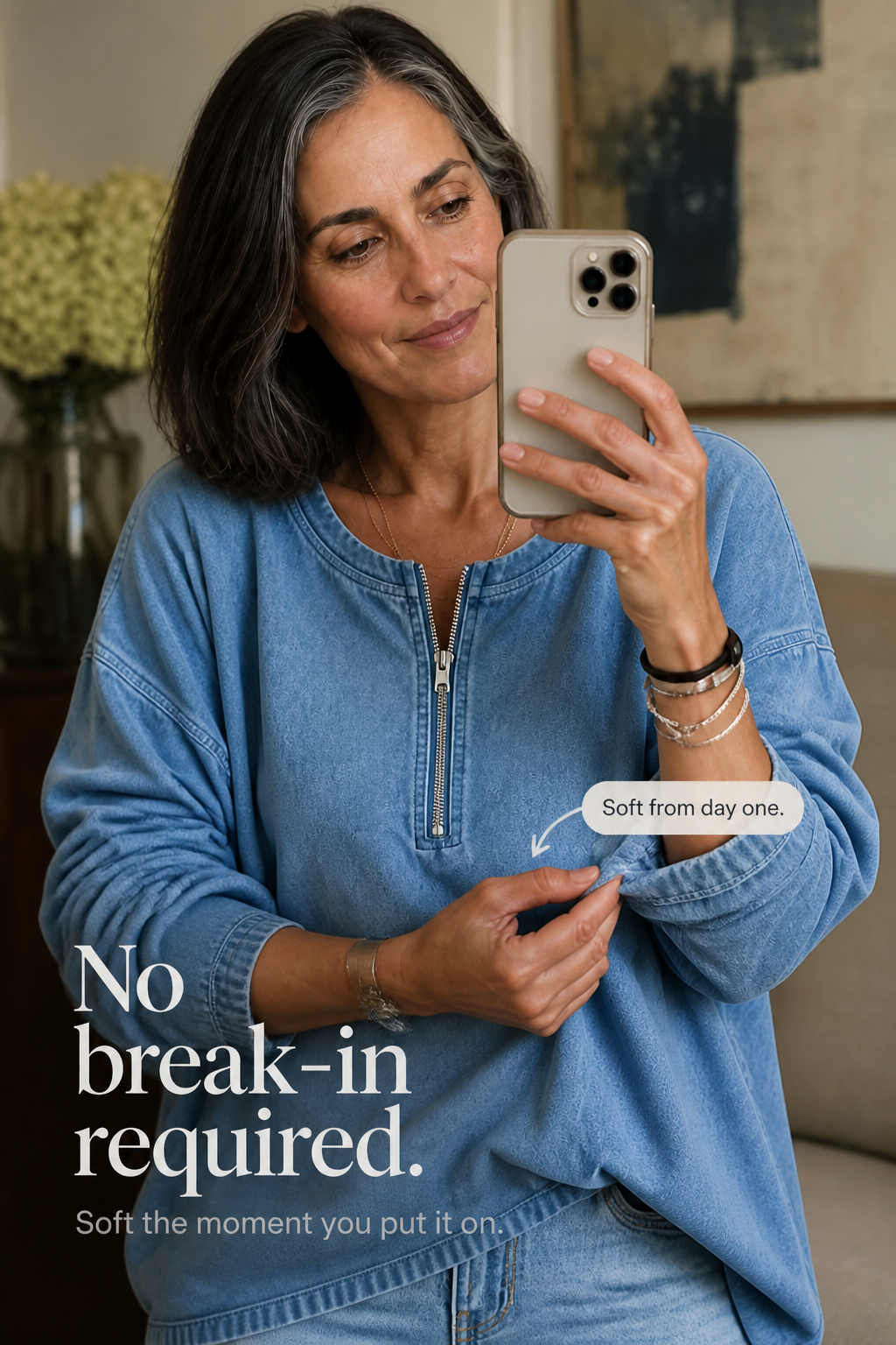 Zipdenim – Half-Zip Denim-Look Blouse