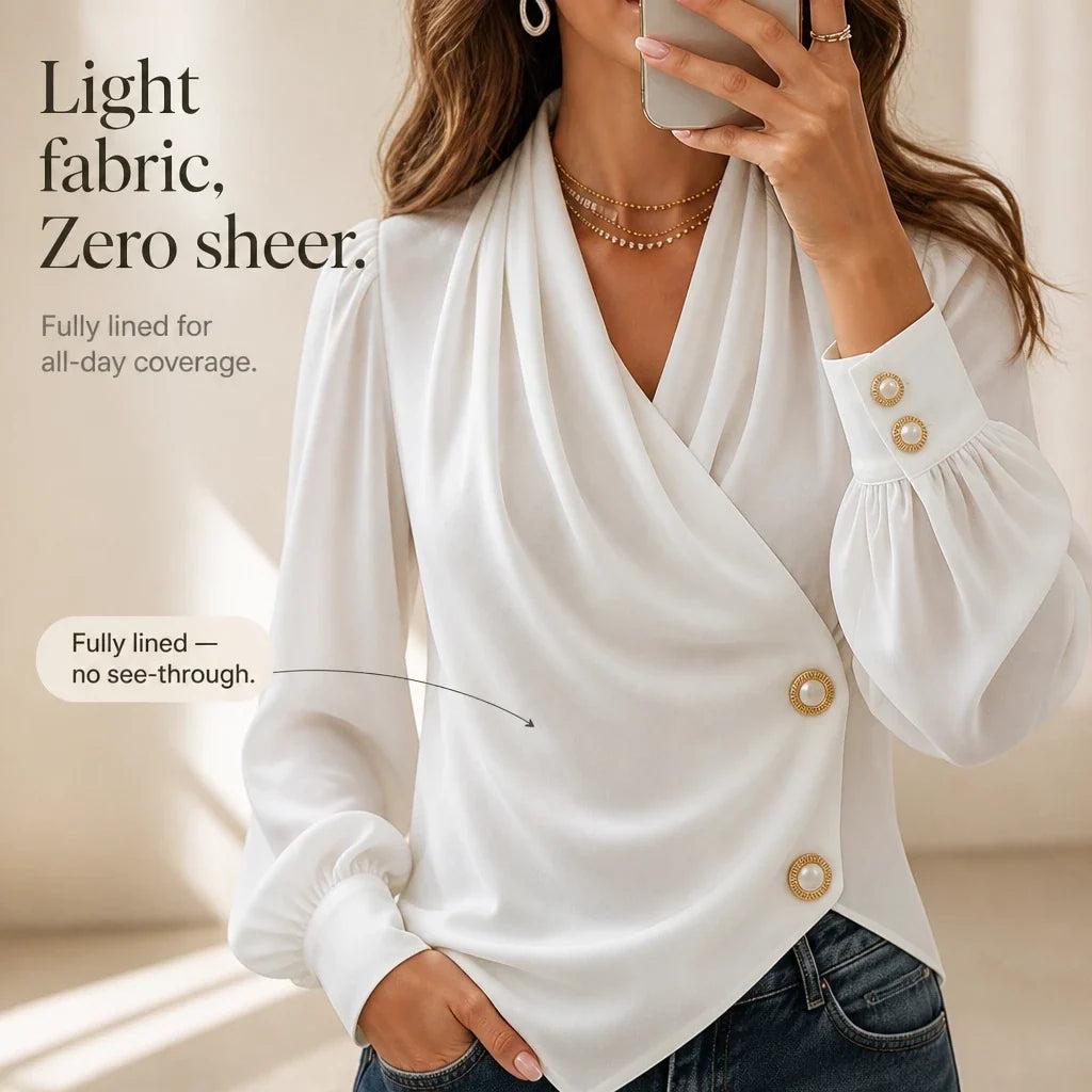 Pearlora – Pearl Cuff Asymmetric Button-Down Blouse