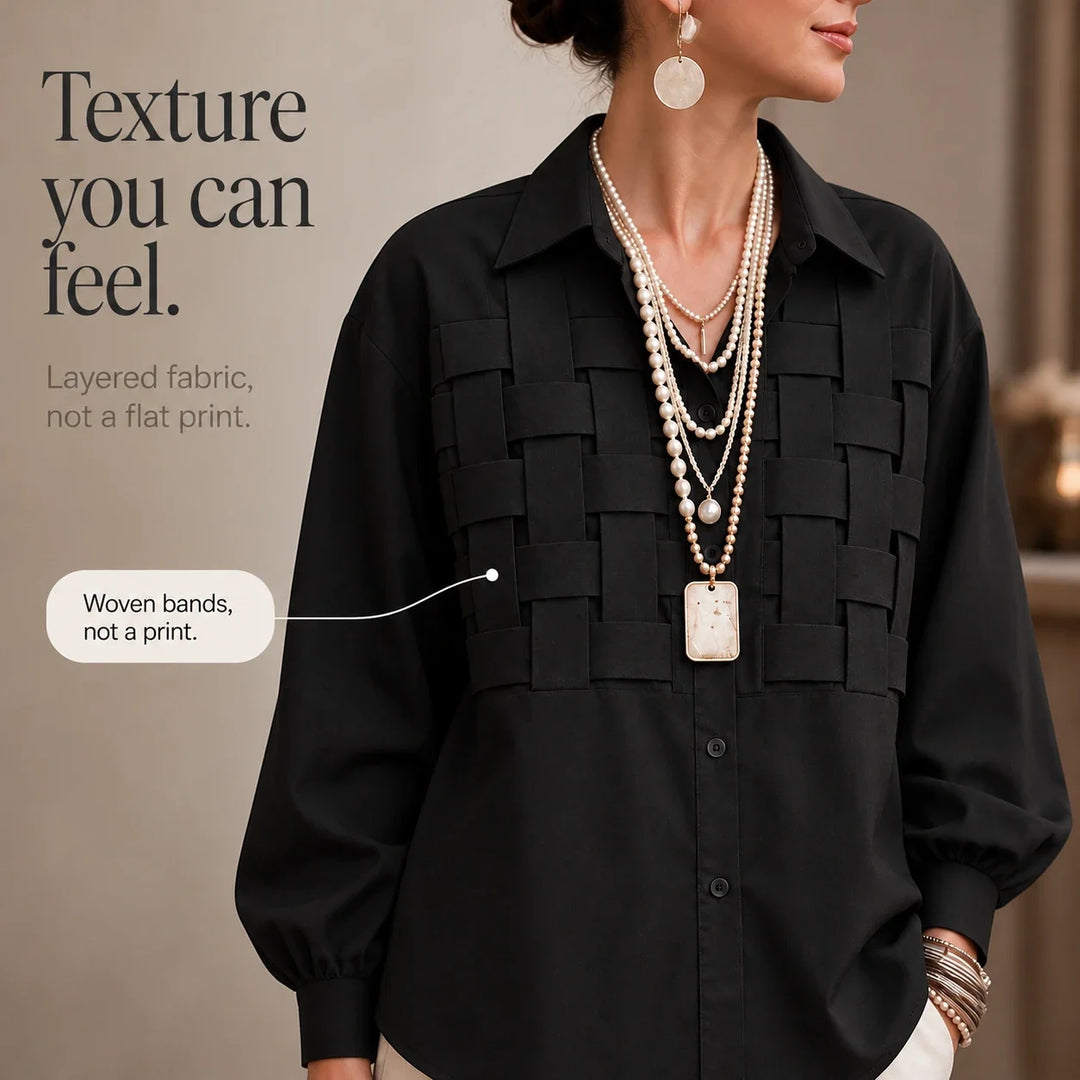 Wovelle – Raised Woven-Check Long-Sleeve Blouse