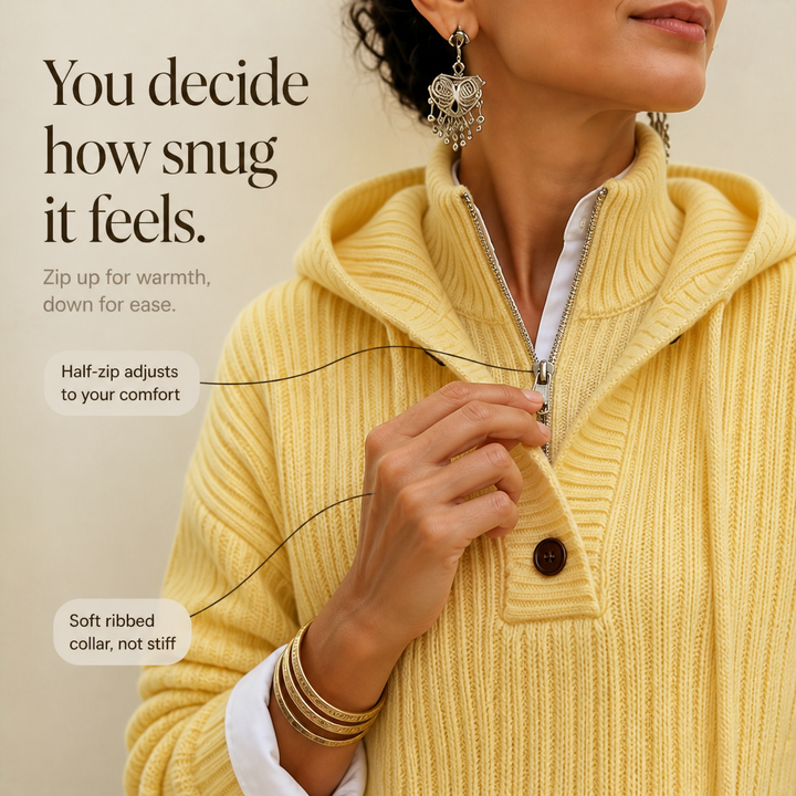 Sunlithe – Hooded Ribbed Collar Half-Zip Knit Pullover