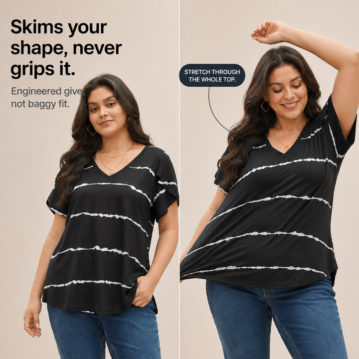 Curvella – Striped V-Neck Stretch Knit Tee