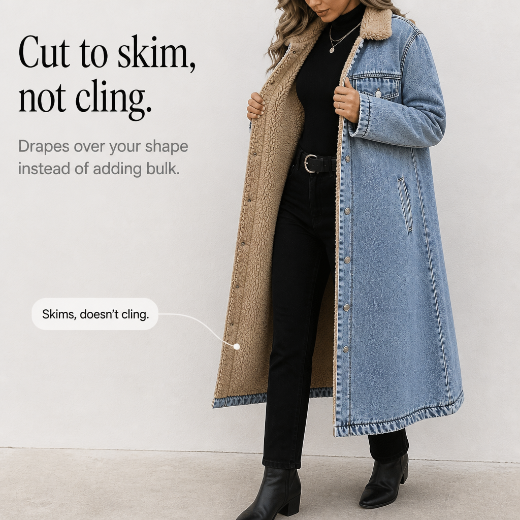 Denora – Sherpa-Lined Full-Length Denim Coat