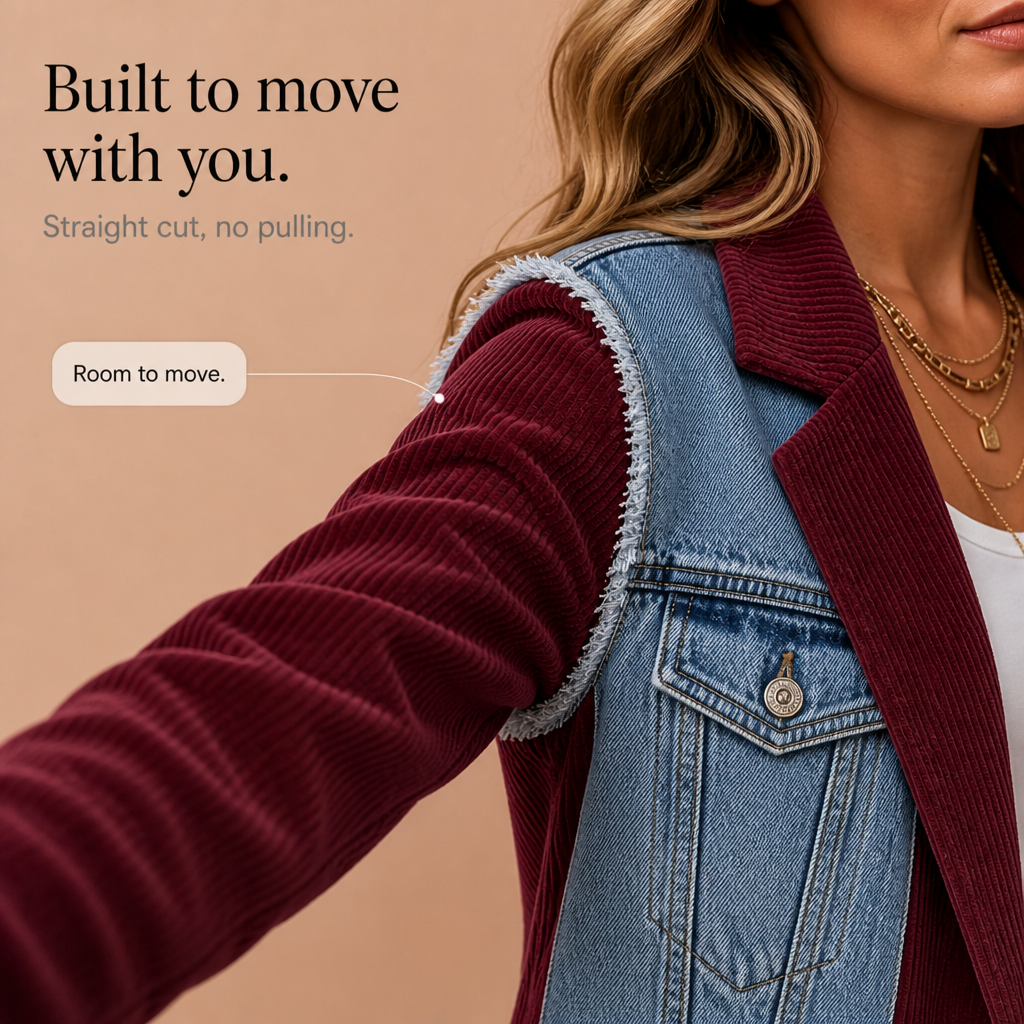 Corvella – Denim-Overlay Corduroy Raw-Hem Blazer