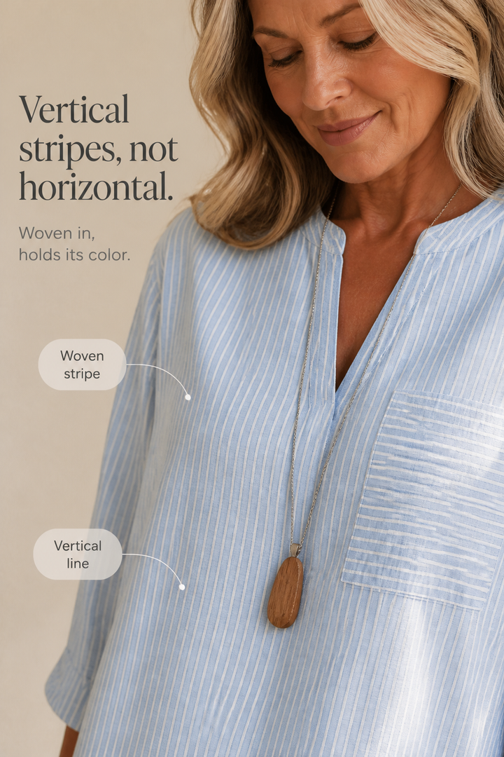 Wearbella – Striped V-Neck Roll-Sleeve Asymmetric Hem Top