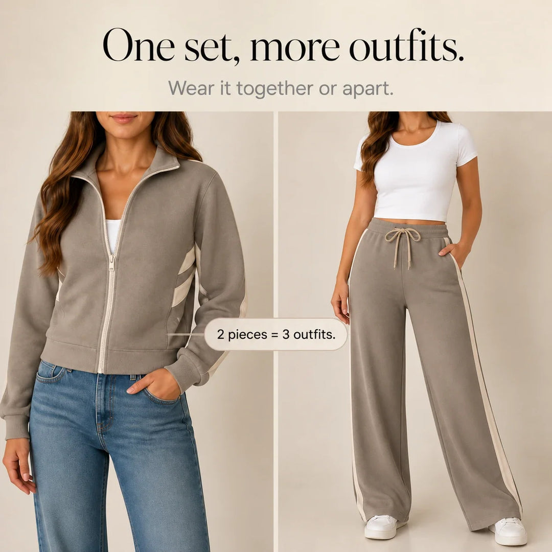 Stride & Set – Cream-Striped Sporty Two-Piece Set