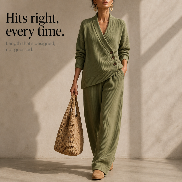Olivea – Ribbed Wrap Top And Wide-Leg Pants Set