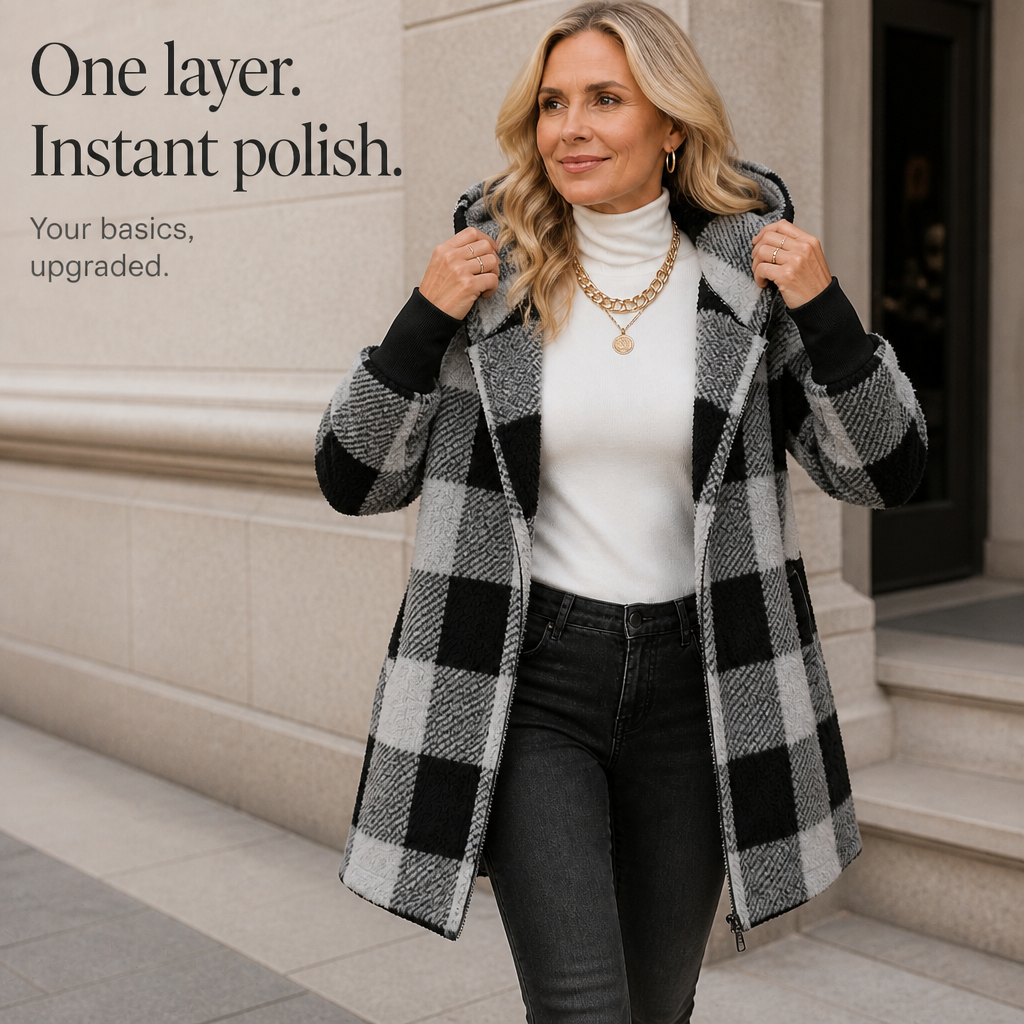Plaidelle – Oversized Plaid Hooded Fleece-Look Cardigan