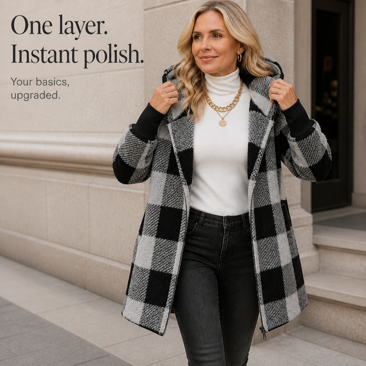Plaidelle – Oversized Plaid Hooded Fleece-Look Cardigan