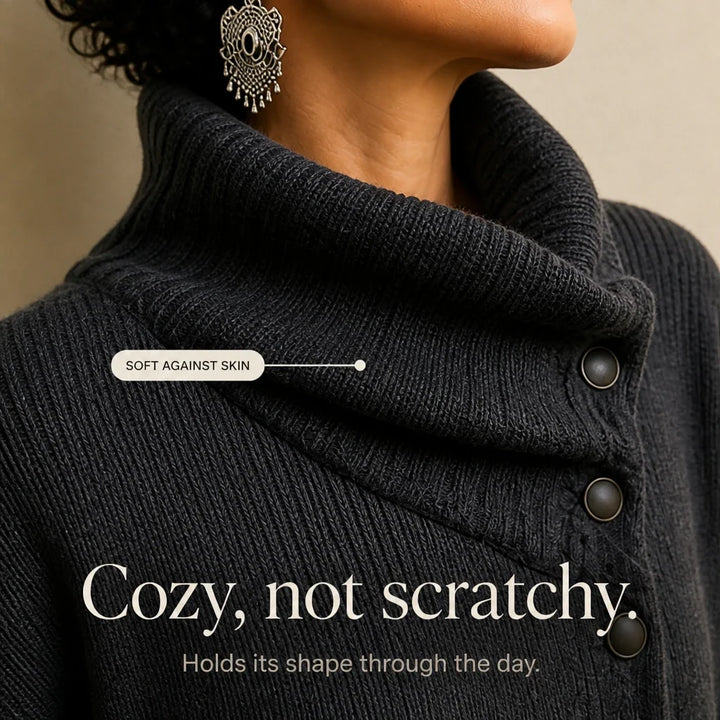 Velora – Asymmetric Draped High-Collar Knit Pullover