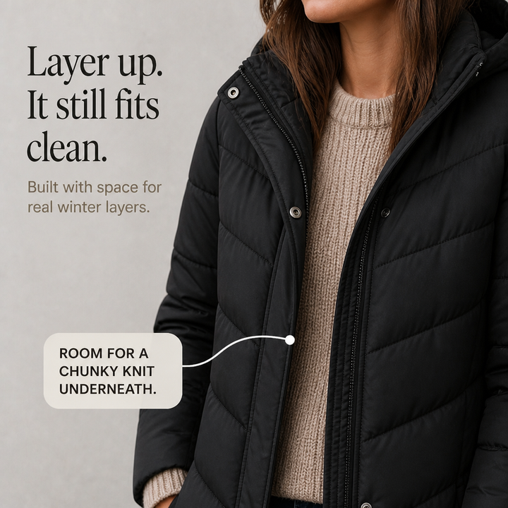 Chevronwarm – Longline Puffer Coat With Fur Hood