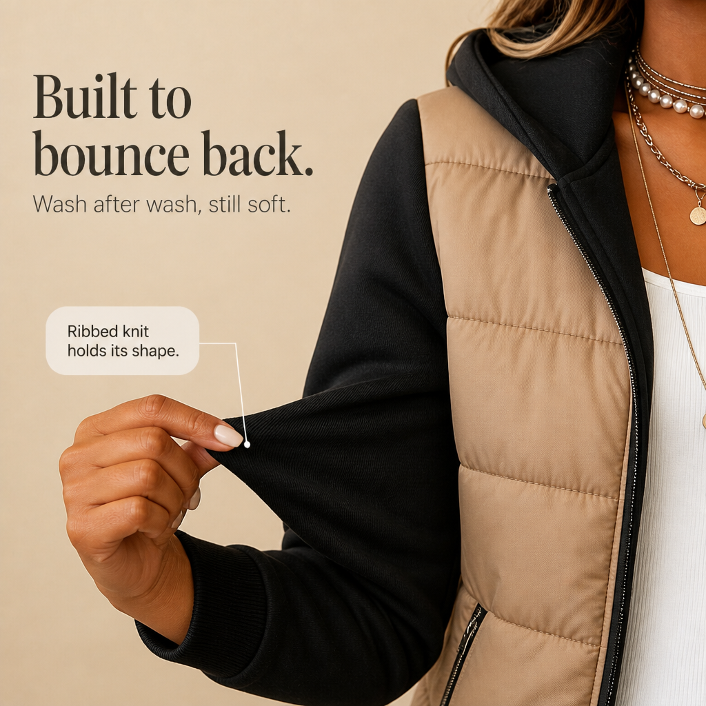 Coeza – Mixed-Media Quilted Puffer Knit-Sleeve Jacket