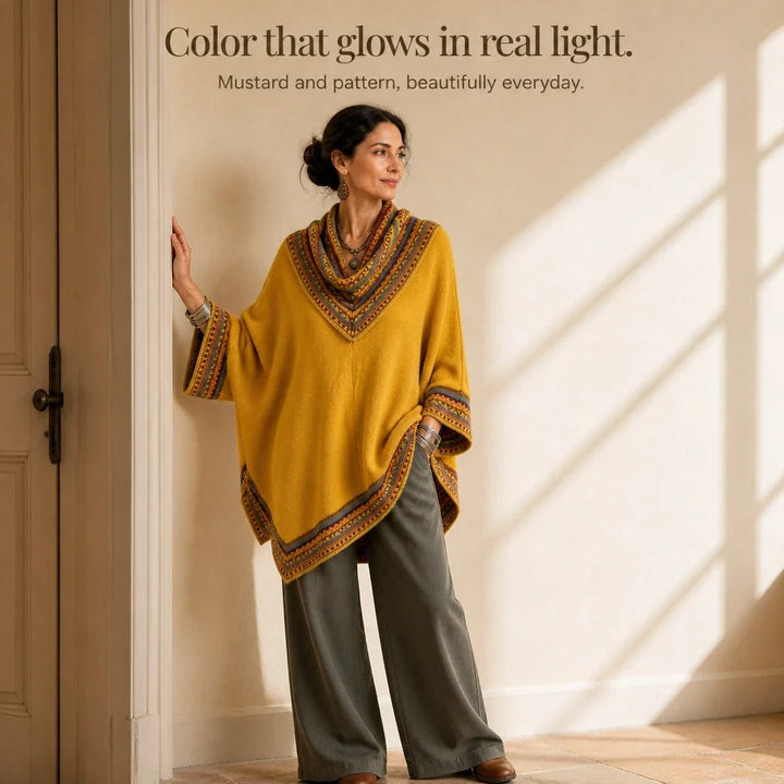 Cowl & Clover – Geometric Cowl-Neck Knit Poncho Top