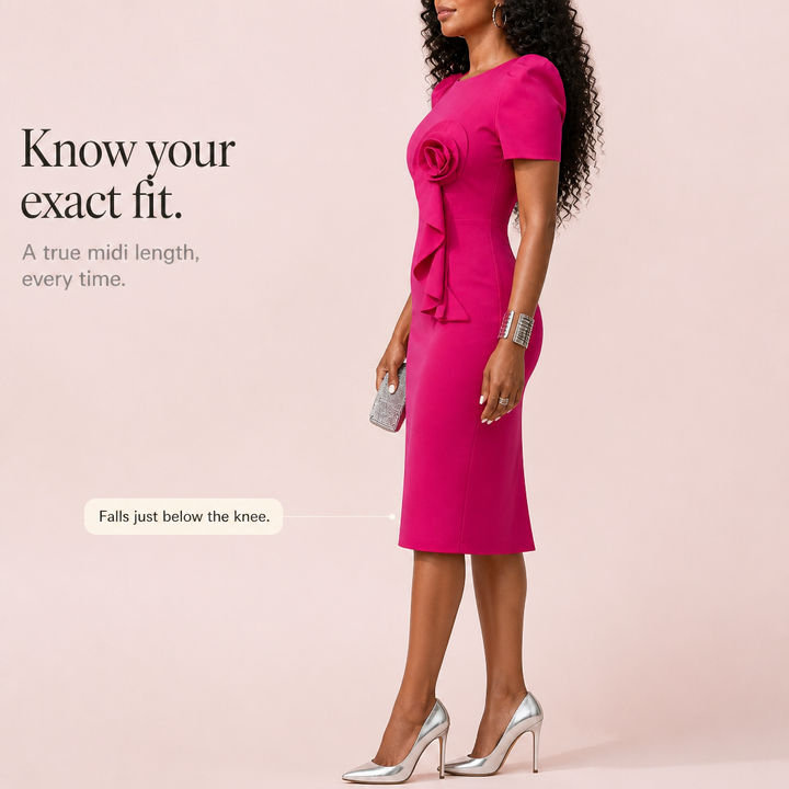 Rosevelle – 3D Rose Puff Sleeve Pencil Dress