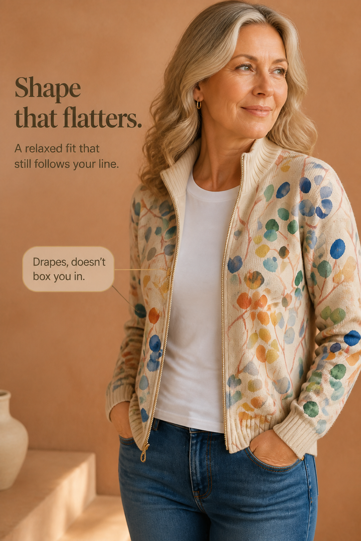 Threezip – Botanical Print Zip-Up Bomber Cardigan