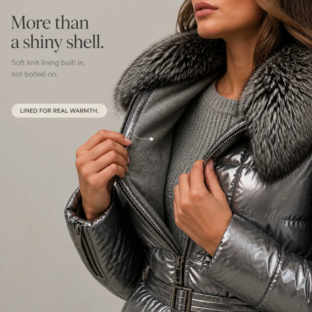 Veluna – Metallic Faux-Fur Collar Belted Puffer Jacket