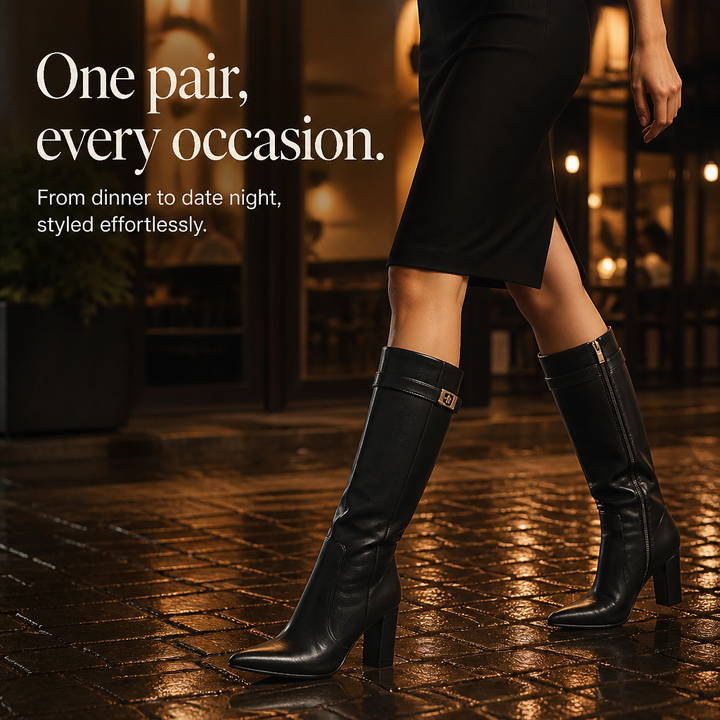 Solvera – Gold Buckle Pointed-Toe Knee-High Boots