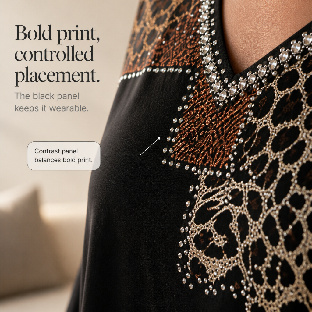 Noirprint – Leopard Patchwork Embellished V-Neck Blouse