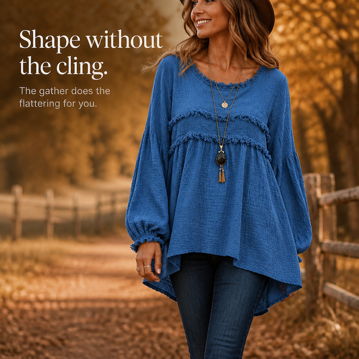 Wovella – Fringe-Trim Pleated-Sleeve Boho Blouse