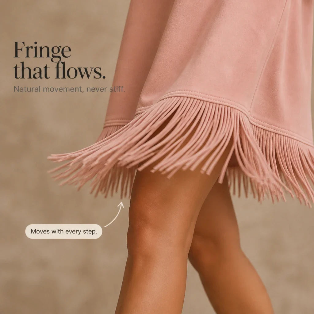 Suede Swing – Faux Suede Fringe Turtleneck Dress
