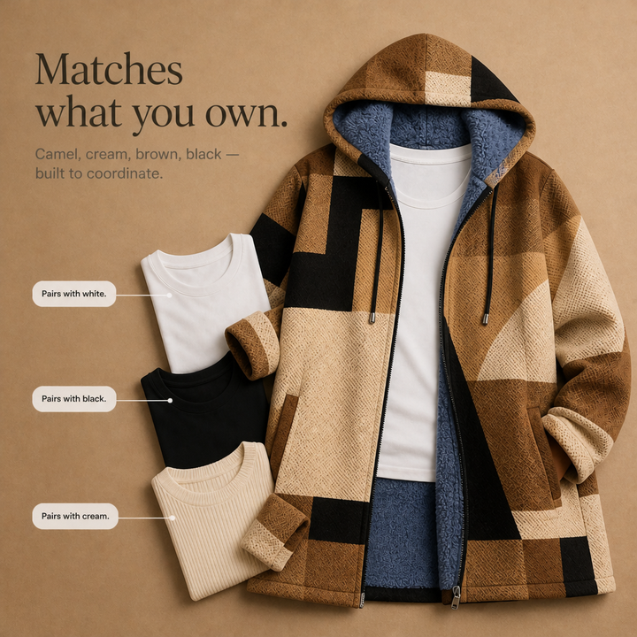 Patchwork & Poise – Geometric Color-Block Hooded Jacket