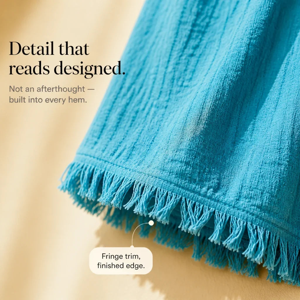 Boho Belle – Fringe-Trim Crinkle Top And Wide-Leg Pants Set
