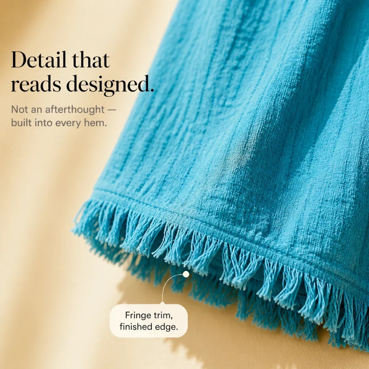 Boho Belle – Fringe-Trim Crinkle Top And Wide-Leg Pants Set