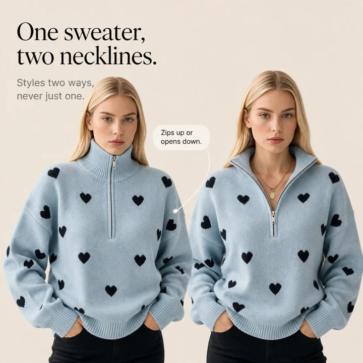 Lovelle – Heart-Pattern Quarter-Zip Sweater