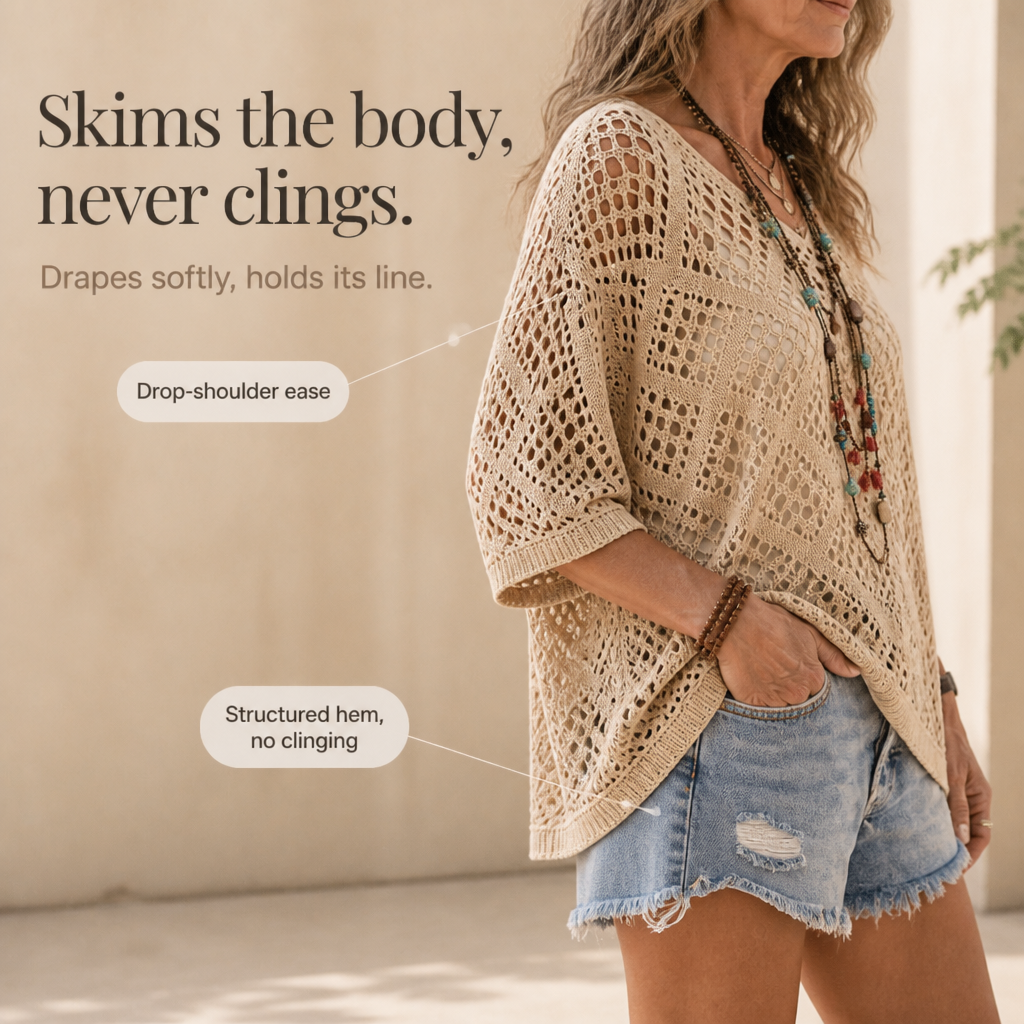 Sunlace – Diamond Openwork Drop-Shoulder Knit Top