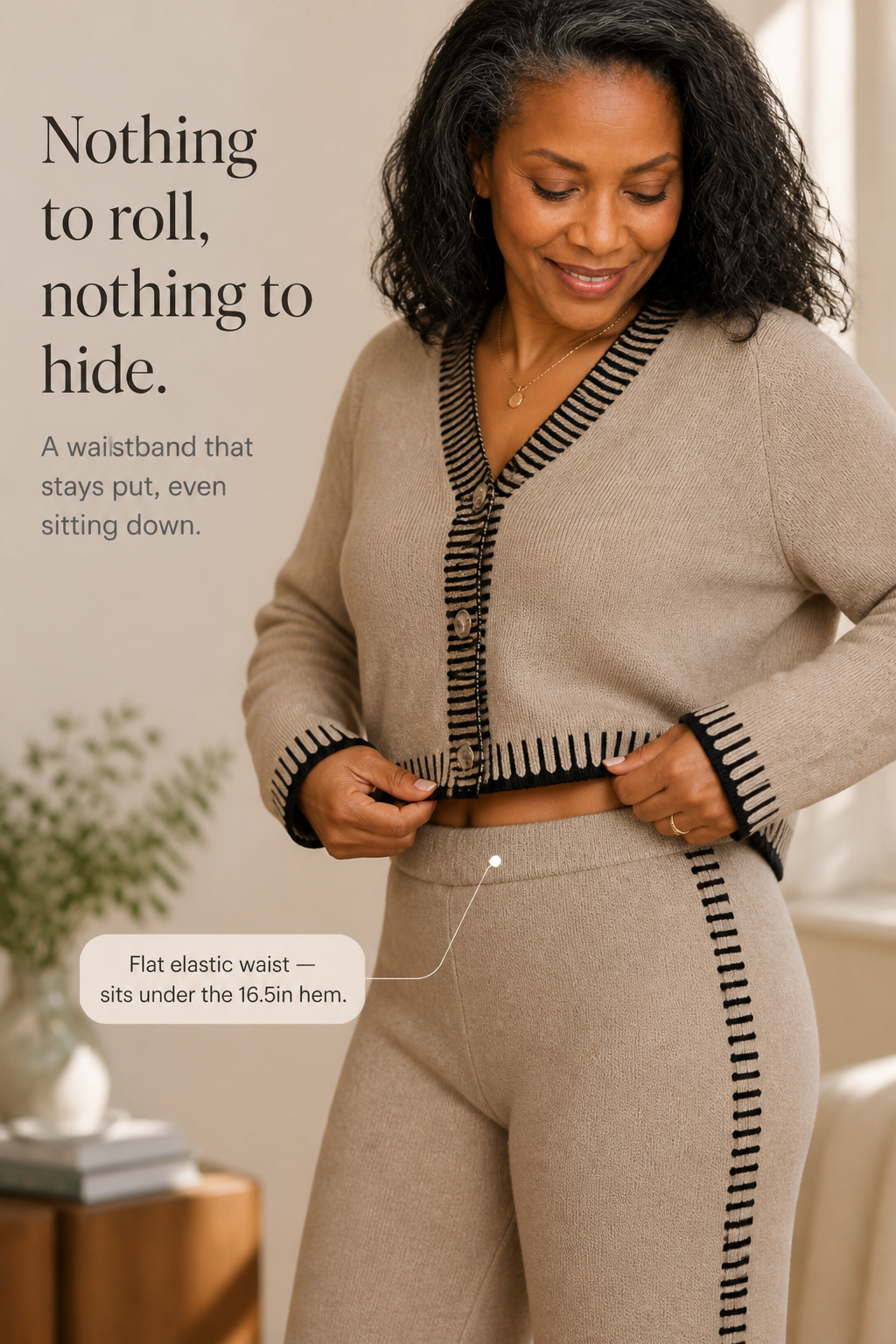 Linewear – Contrast Piping Knit Cardigan And Pants Set