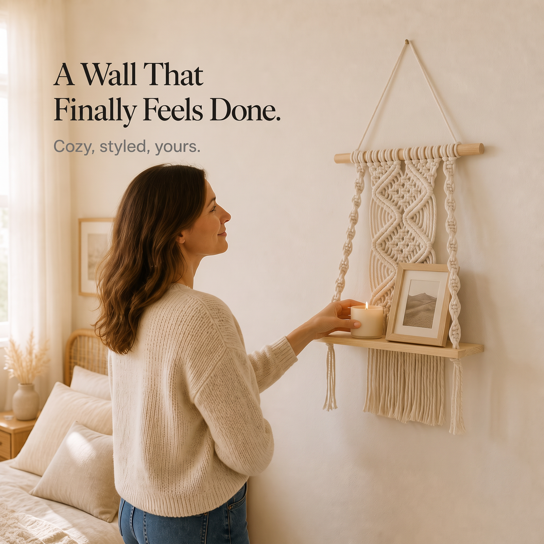 Woven Haven – Macramé Diamond Pattern Wooden Wall Shelf