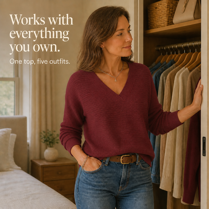 Wearbella – Waffle Knit Drop-Shoulder V-Neck Top
