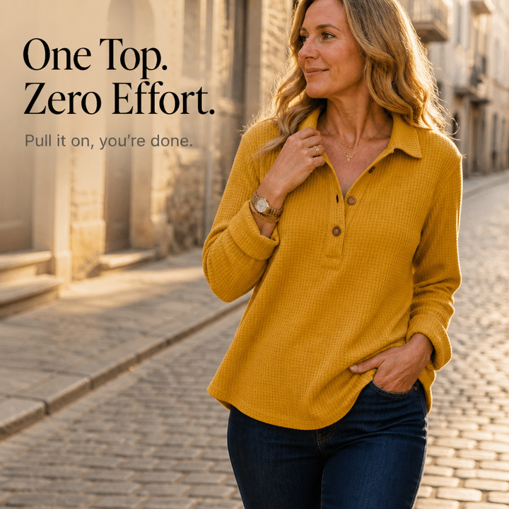 Wovella – Waffle-Knit Button Henley Top