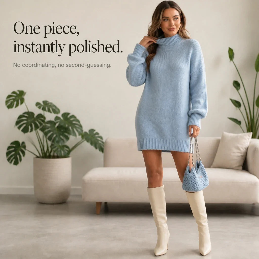 Vellora – Long-Sleeve Knit Turtleneck Mini Dress