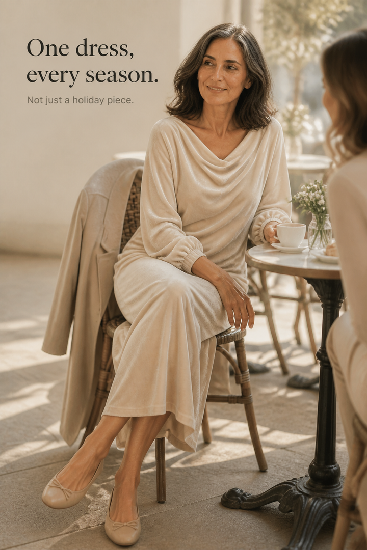 Velvienne – Round Neck Velvet Look Midi Dress