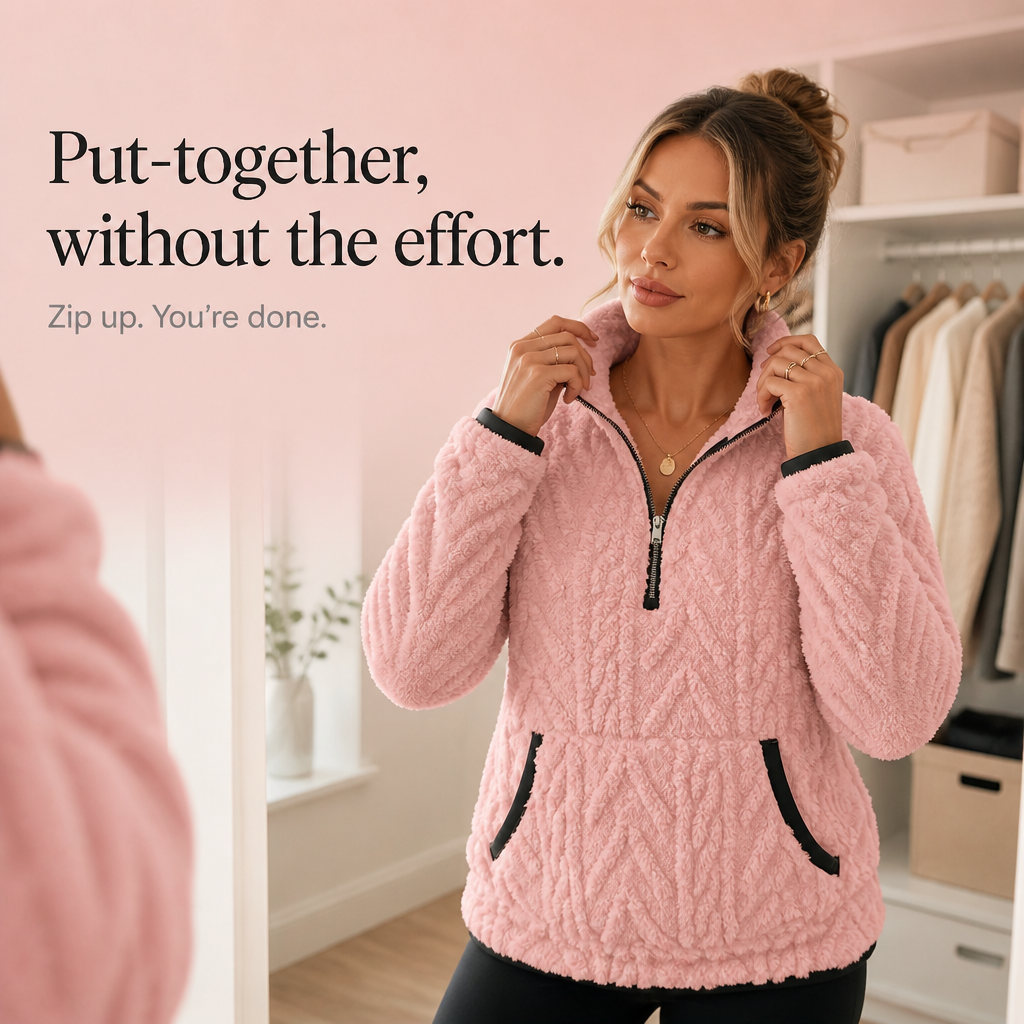 Cloudessa – Half-Zip Fuzzy Pullover With Kangaroo Pocket