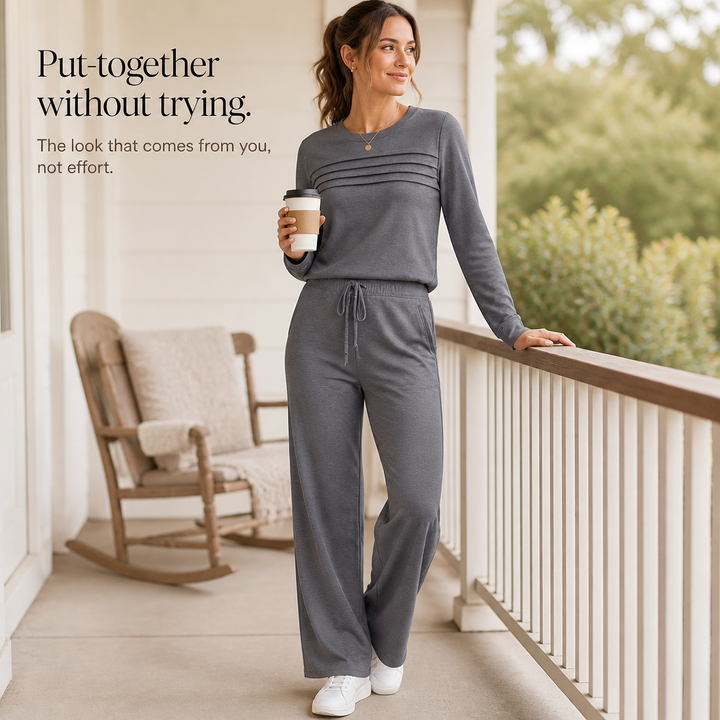 Wearbella – Pleated Crew Neck Drawstring Waist Lounge Set