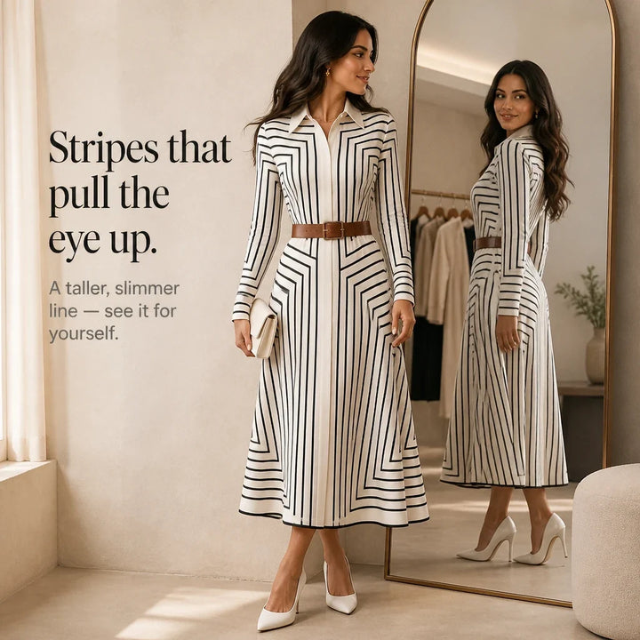 Linea Midi – Geometric Print Belted Shirt Dress