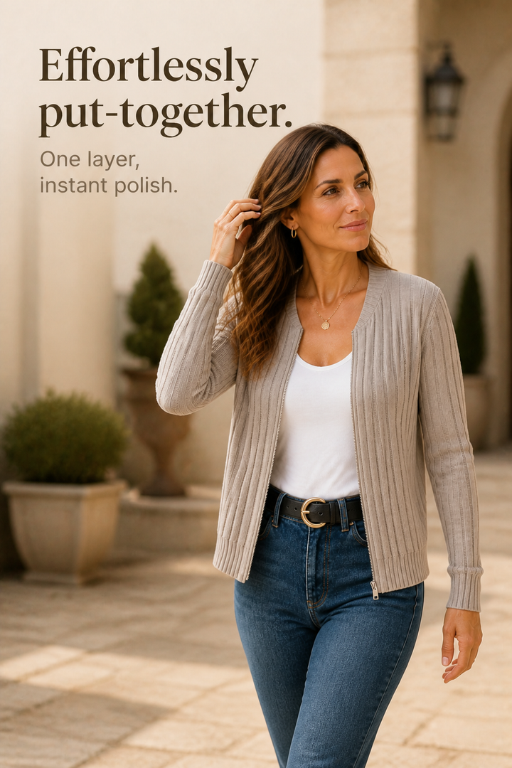 Rivknit – Ribbed Knit Zip-Front Cardigan