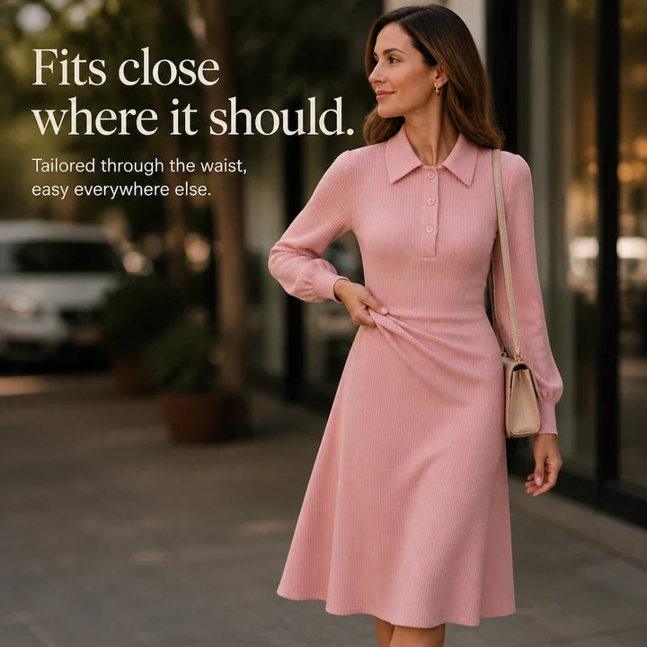 Lapella – Ribbed Knit Lapel Collar Midi Dress