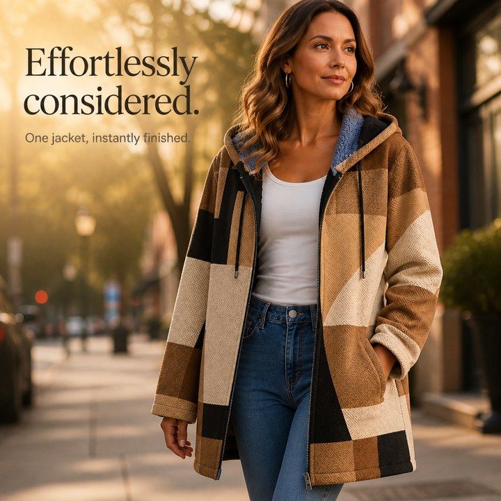 Patchwork & Poise – Geometric Color-Block Hooded Jacket