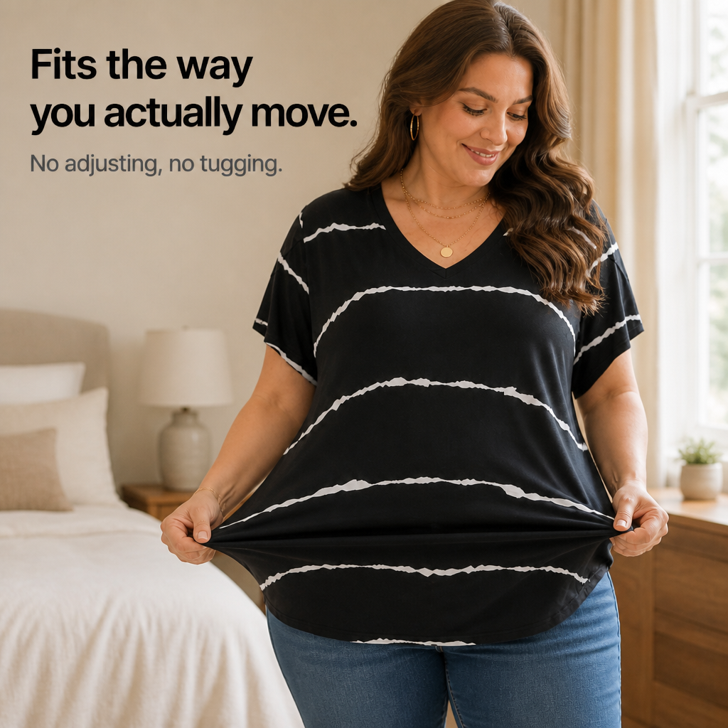 Curvella – Striped V-Neck Stretch Knit Tee