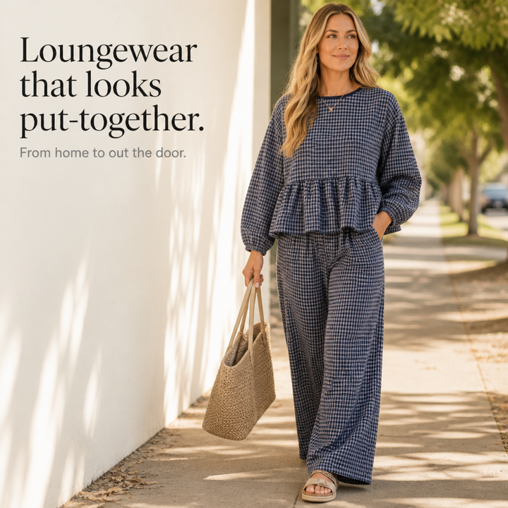 Elara – Gingham Peplum Top And Wide-Leg Pants Set