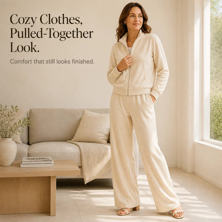 Veloura – Velvet Zip-Front Top And Wide-Leg Pants Set