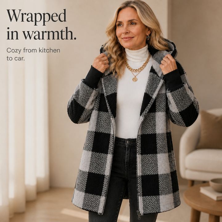Plaidelle – Oversized Plaid Hooded Fleece-Look Cardigan