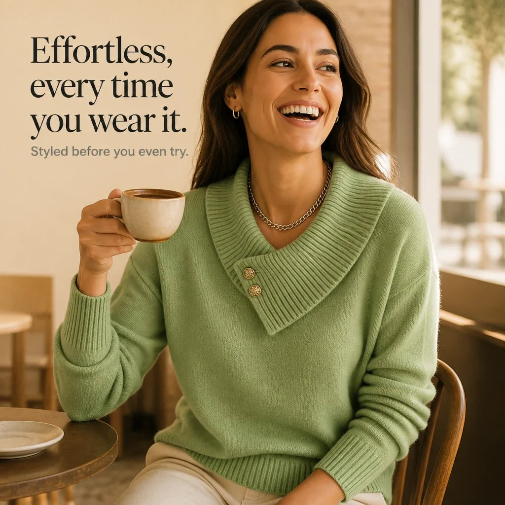 Foldelle – Asymmetrical Ribbed Collar Button Sweater