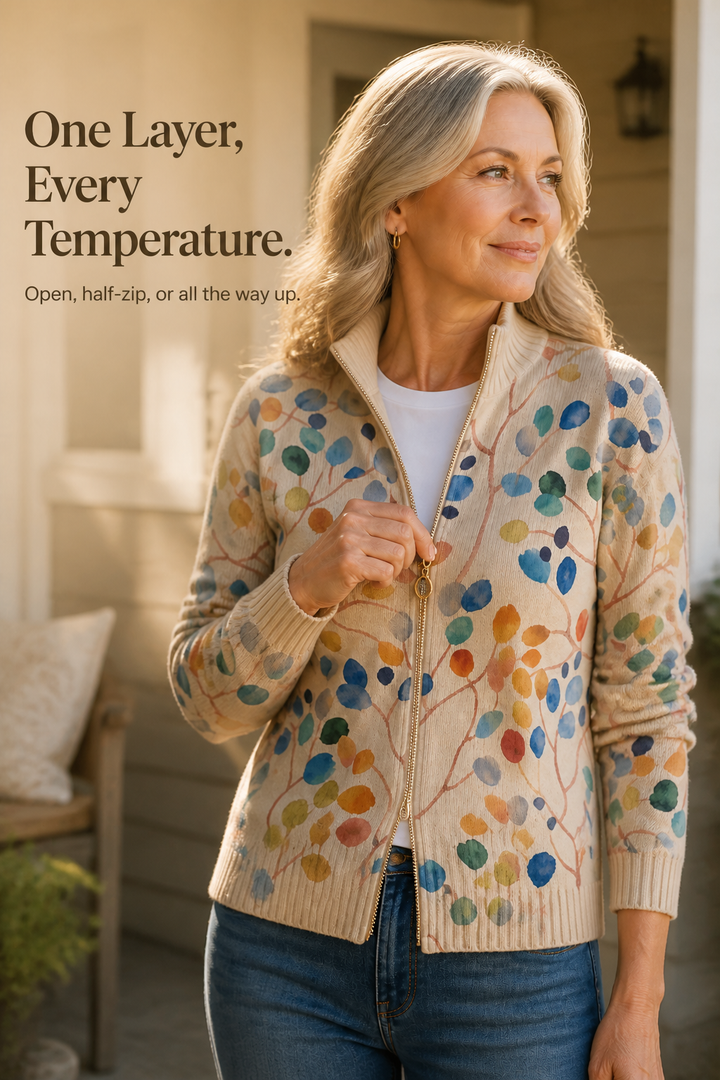 Threezip – Botanical Print Zip-Up Bomber Cardigan