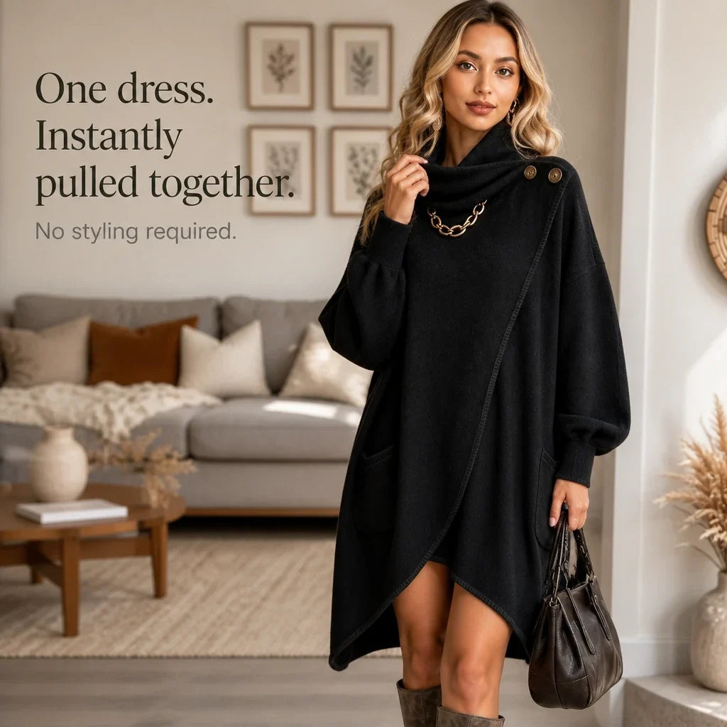 Cowlora – Asymmetric Cowl-Neck Sweater Dress